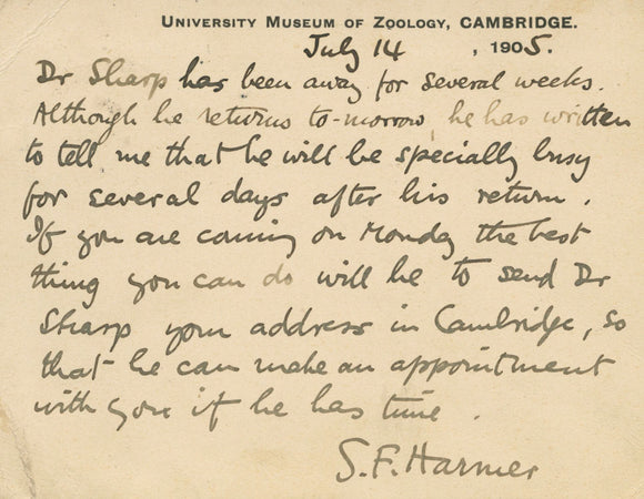 1905 Letter from British Cambridge University Zoologist, Sir Frederic Harmer to Canadian Biologist, Charles Gordon Hewitt
