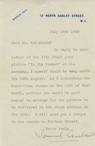 1945 Letter from Art Collector Samuel Courtauld to Artist and Rabbi Frederick Solomonski Regarding the Piece "In the Forest"