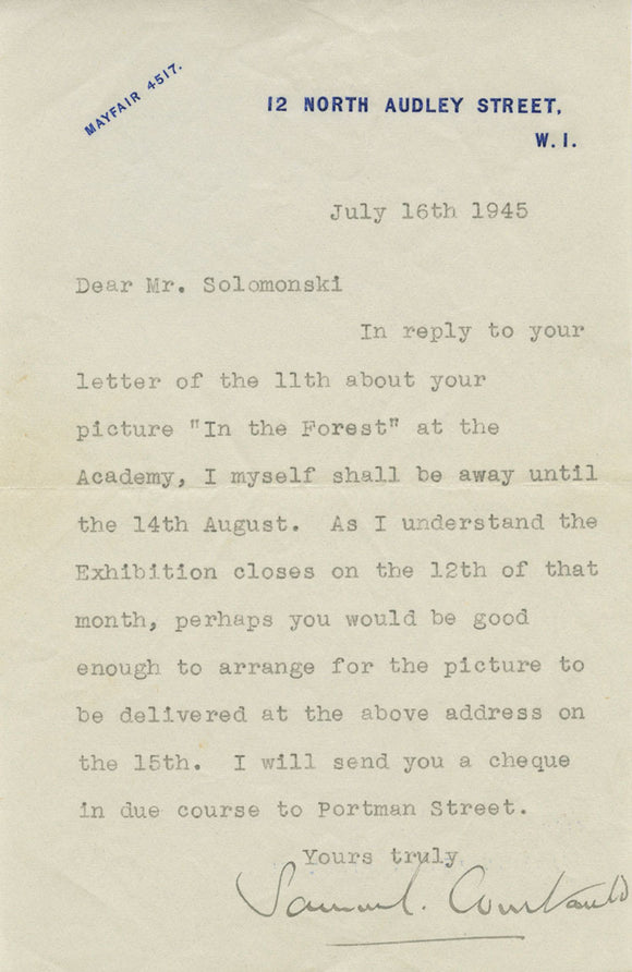 1945 Letter from Art Collector Samuel Courtauld to Artist and Rabbi Frederick Solomonski Regarding the Piece 