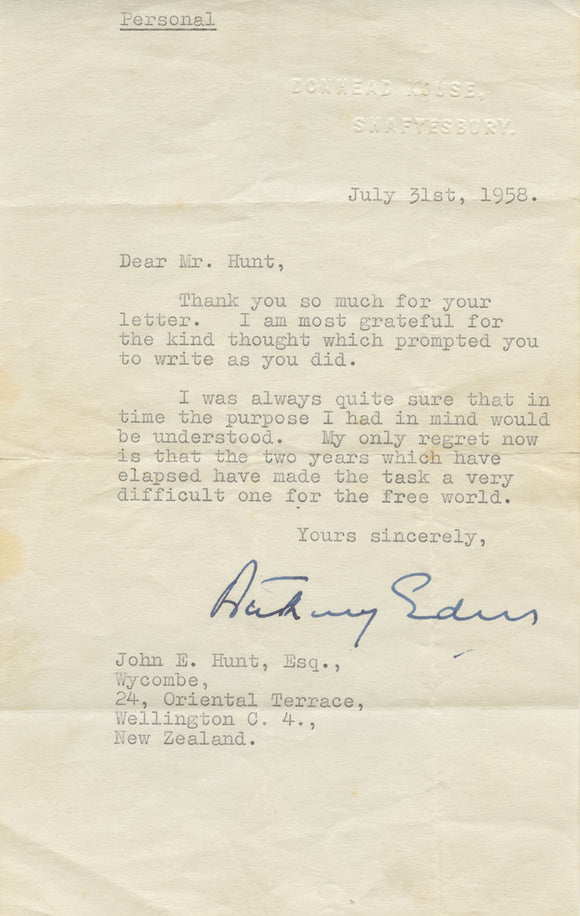 1958 Personal Letter from Conservative UK Prime Minister Robert Anthony Eden Regarding His Response to the Suez Crisis