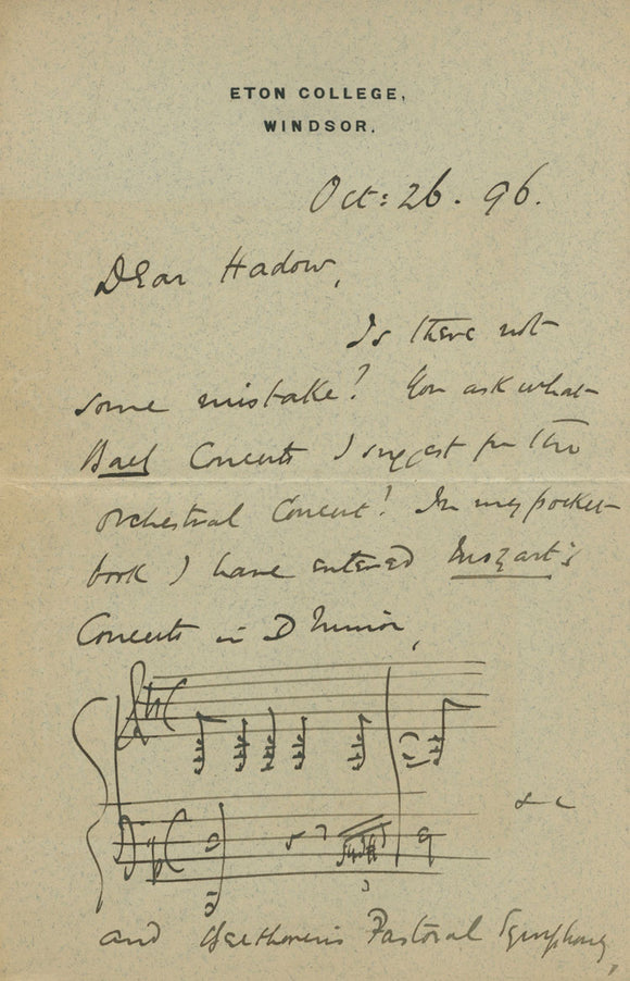 1896 Manuscript Letter from British Composer, Recommending Concertos to British Musicologist
