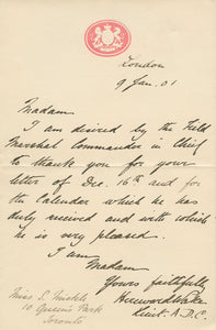 1901 Manuscript Thank You Letter from British Major-General to an Ontario, Canada Historian