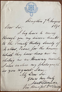 1890 Longtime Queen’s University Professor James Williamson Letter Thanking Trinity Historical Society For Honorary Membership