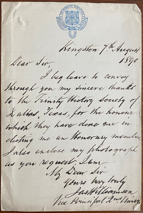 1890 Longtime Queen’s University Professor James Williamson Letter Thanking Trinity Historical Society For Honorary Membership