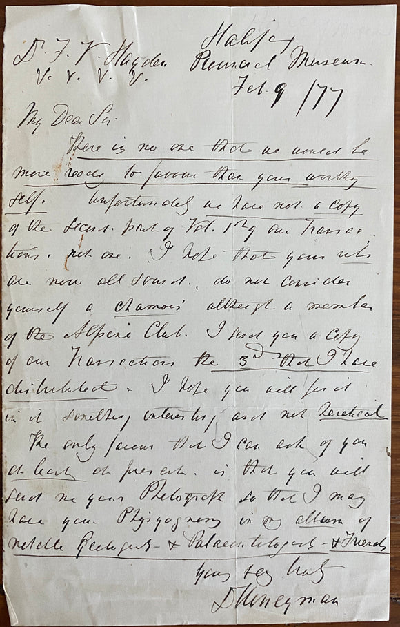 1877 Letter to Prominent American Geologist Ferdinand Vandeveer Hayden From David Honeyman at The Halifax Provincial Museum