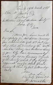 1886 Canadian Businessman & Banker William McMaster Penned Letter Thanking Northwestern Historical Society For Honorary Membership