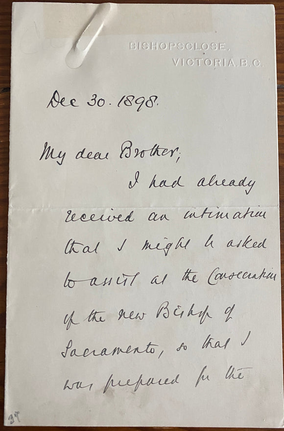 1898 Letter from Rev. William Wilcox Perrin, second Bishop of British Columbia, Expressing Thanks at His Inclusion in the Consecration of the Bishop of Sacramento