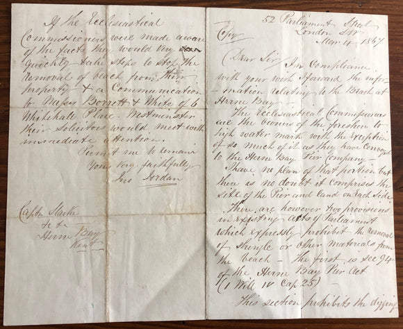 1867 Informative Letter Regarding Acts Protecting the Beach and Shoreline Around the Herne Bay Pier in Kent