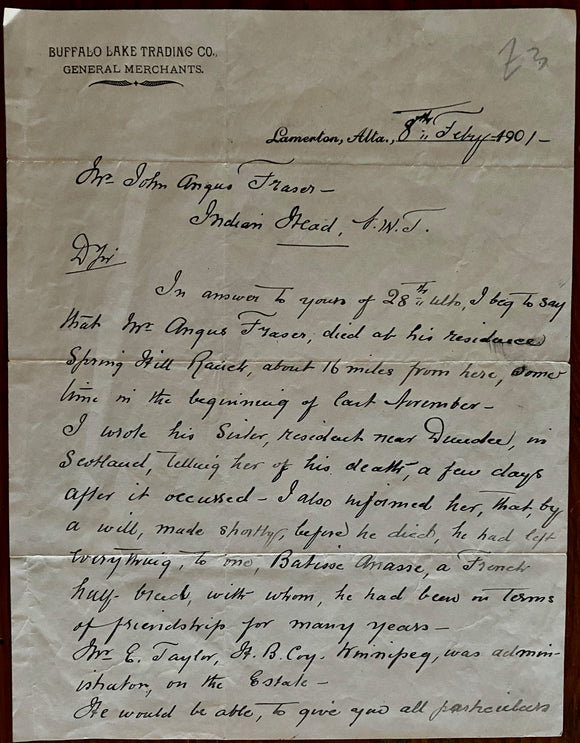 1901 Fascinating Canadiana Letter About the Death of a Scottish Immigrant to his Son in Indian Head, Northwest Territories