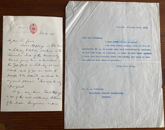 1911 Pair of Letters Between Sir Robert Falconer, U of Toronto to Ontario Premier  Sir James P. Whitney, Ontario Premier, Discussing Hungarian Count Apponyi