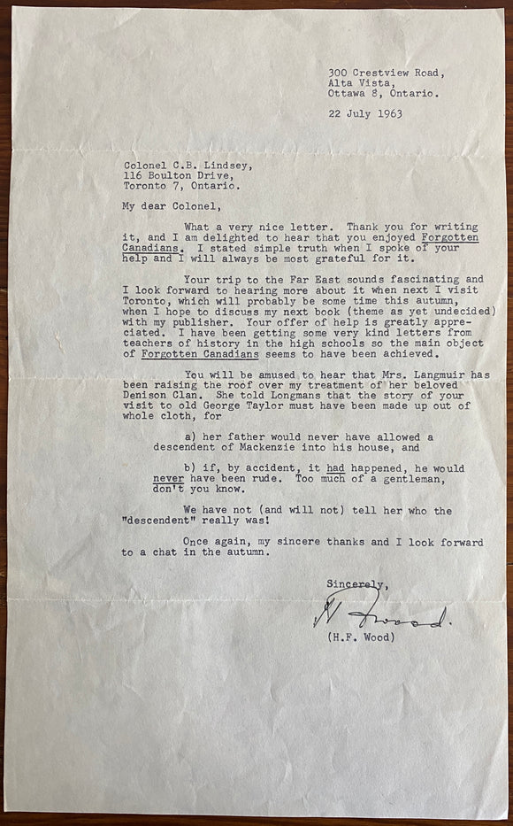 1963 Friendly Letter from Herbert Fairlie Wood to Col. C.B. Lindsey Regarding His Book: Forgotten Canadians