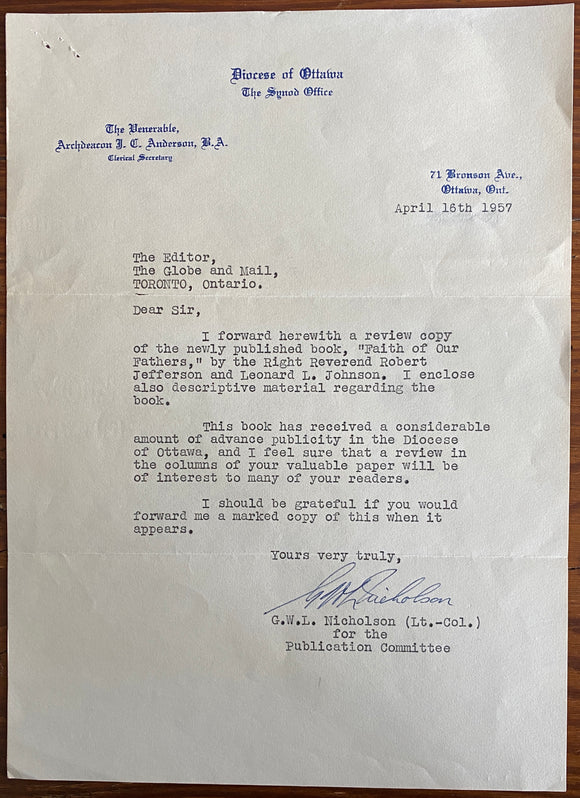 1957 Signed Letter from G.W.L. Nicholson to The Globe and Mail Accompanying The Book: Faith of Our Fathers, Submitted for Review