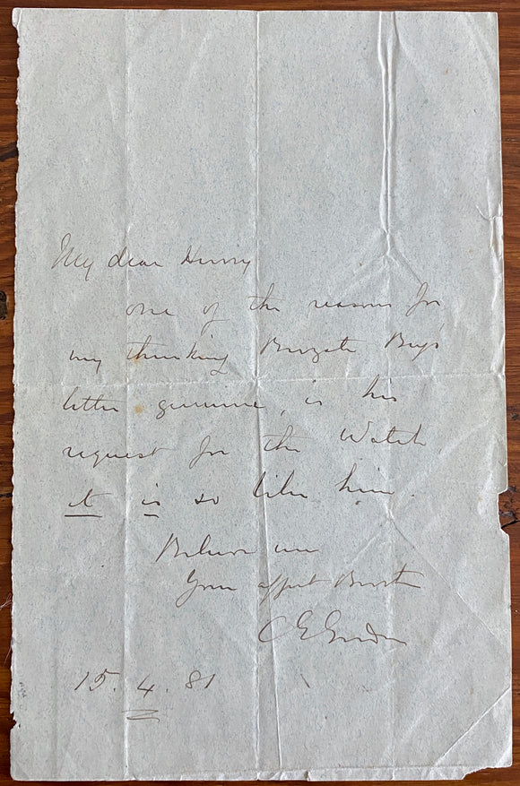 1881 Holograph letter from Major General Charles George Gordon AKA Chinese Gordon, Gordon Pasha, & Gordon of Khartoum