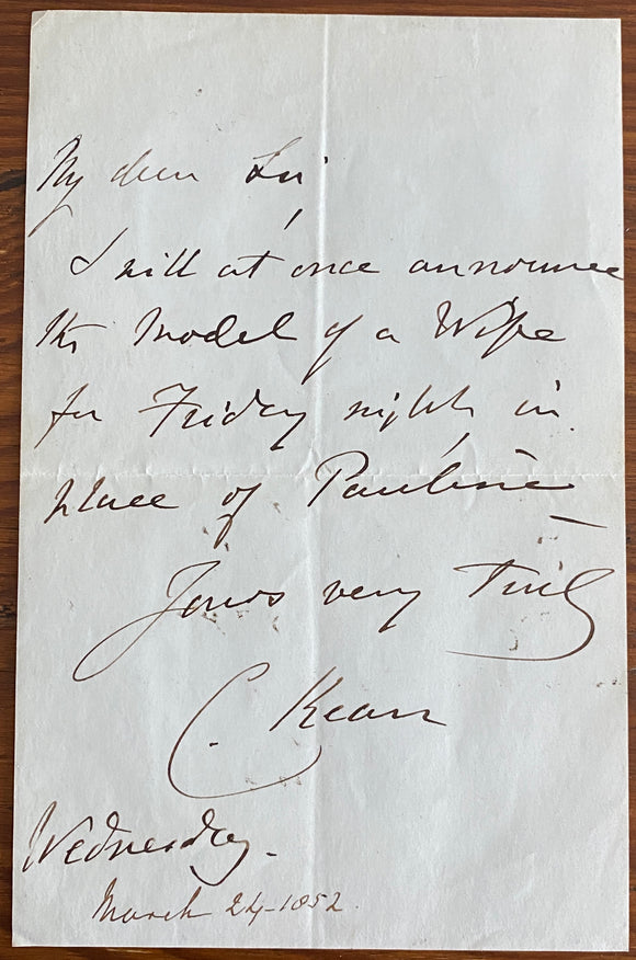 1852 Holograph Letter From English Actor Charles John Kean