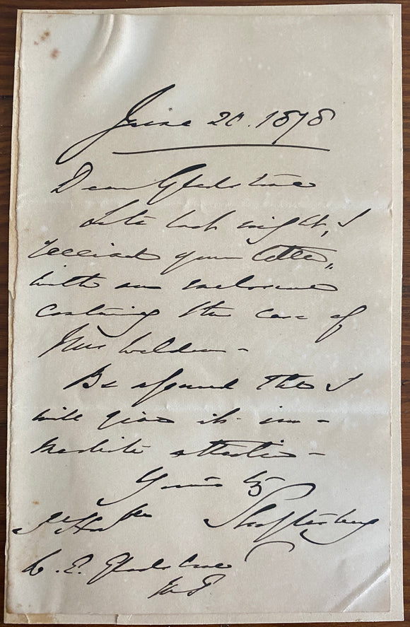 1878 Handwritten Letter from Anthony Ashley Cooper, 7th Earl of Shaftesbury, Regarding The Receipt of Documents in the Case of Mrs. Weldon