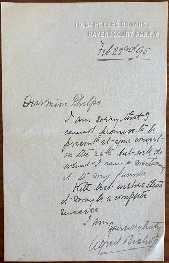 1895 Holograph Letter From British Actor Alfred Bishop to a Miss Phelps