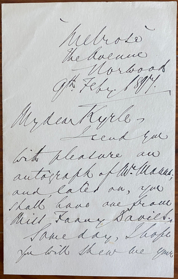1897 Holograph Letter From Prominent British Organ Musician Alfred James Eyre