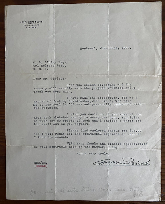 1922 Typed Letter on Corporate Stationary Bearing the Signature of Montreal Businessman William Birks