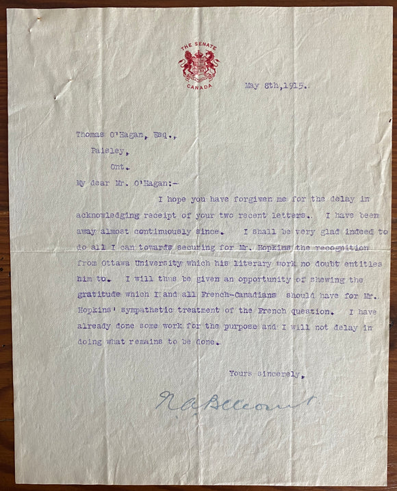 1915 Typed Letter Bearing the Signature of Former Speaker of the House and Advocate Napoléon-Antoine Belcour