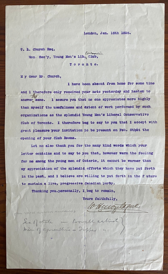 1895 Correspondence to the Young Men’s Liberal Conservative Club of Toronto from Politician Walter Humphries Montague