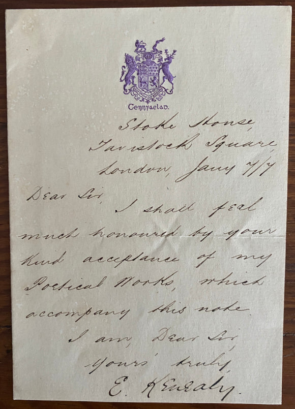1877 Controversial Lawyer and Poet Edward Vaughan Kenealy Pens a Note Accompanying a Copy of His Poetic Works