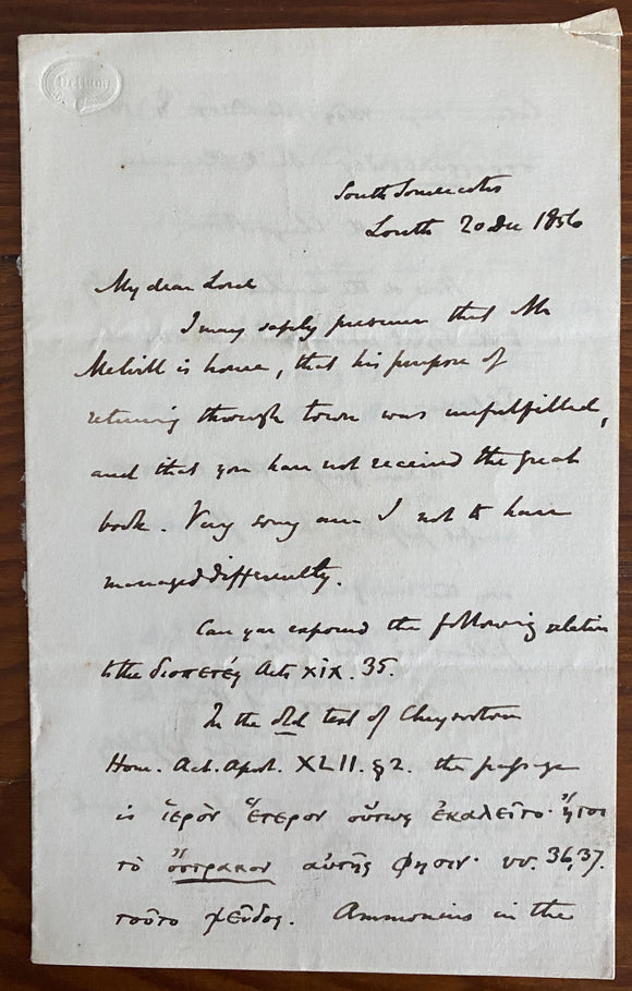 1856 Handwritten Signed Letter From Clergyman and Author Frederik Martin to an Unnamed Lord