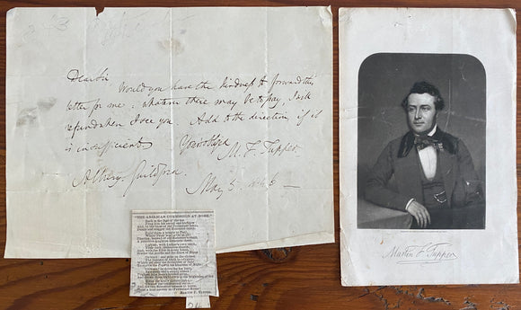 1846 Letter from Martin Farquhar Tupper to Mr. Putman With Accompanying Picture and Poem