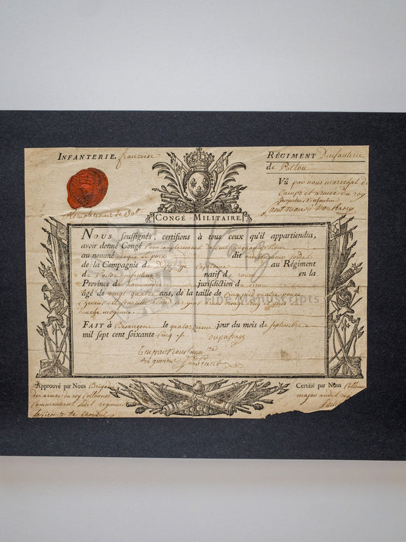 1765 Military Leave Certificate for a Captain in the Poitou (Saint Mauris) Regiment