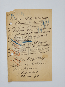 1893 Personal Note from French Author, Joseph de Pesquidoux, Son of Countess Olga