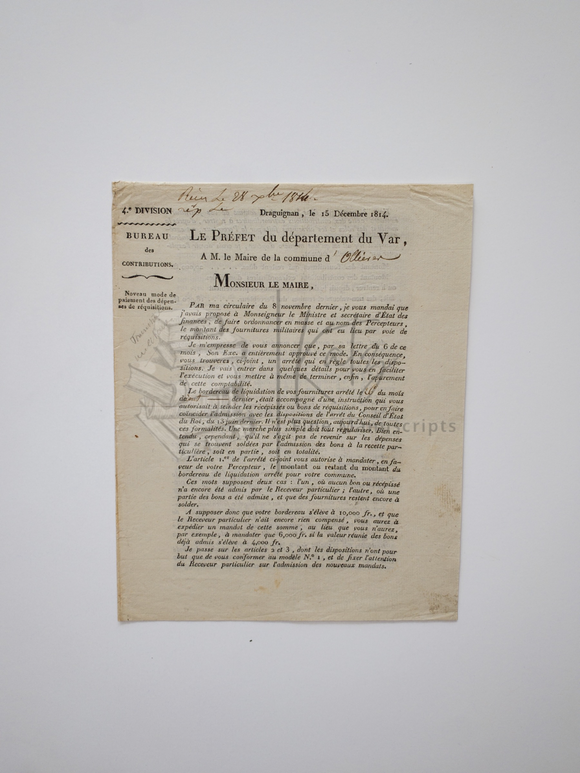1814 French Requisition Order for Supplies Following Napoleon’s First Surrender