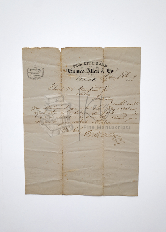 1858 Ottawa, Illinois Bank Letter Demanding Repayment of Large Sum of US Dollars