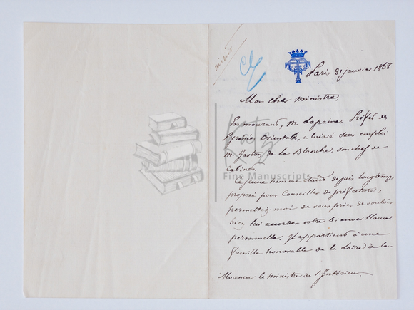 1868 Letter to French Minister of the Interior Promoting a Candidate for Appointment to the Prefect’s Committee