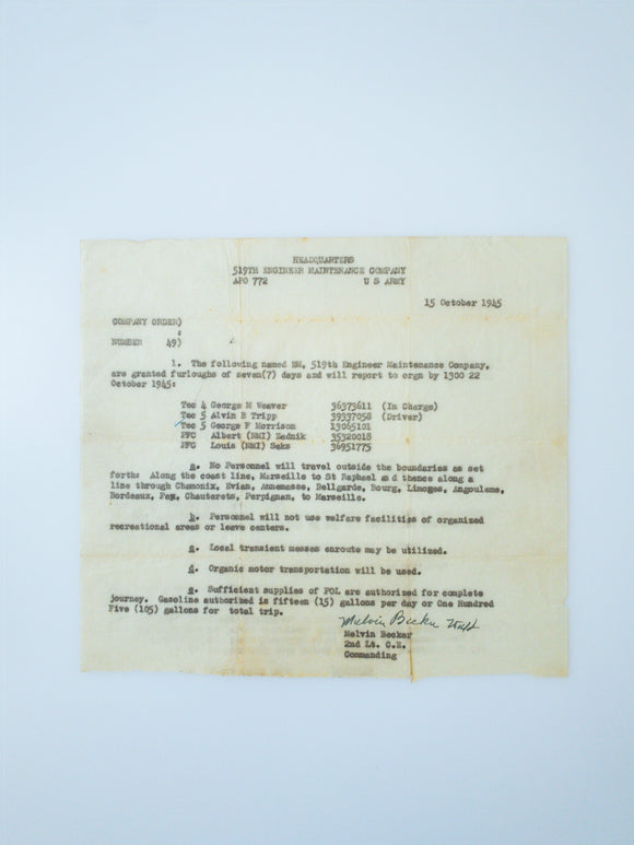 1945 US Military Furlough Order from the 327th Infantry Regiment