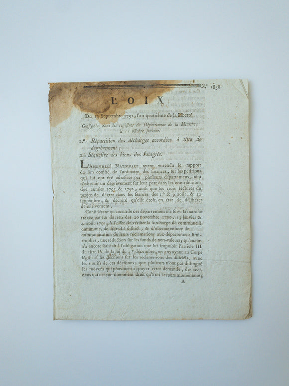 1792 Post-Revolutionary French Property Seizure of Emigres Legal Document