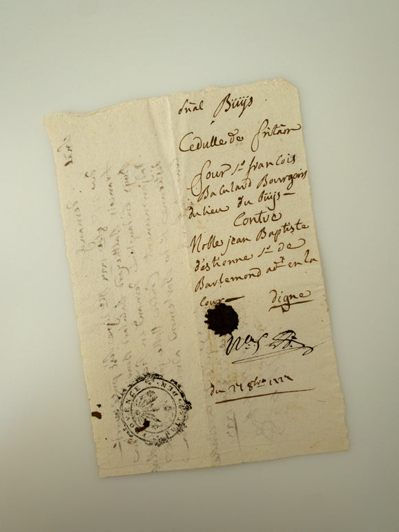 1727 Handwritten Legal Note of Noble Navy Officer from the d'Estienne Family
