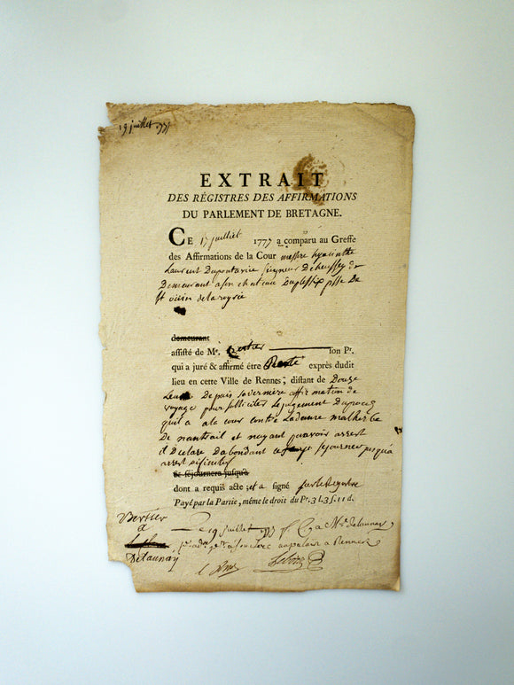1777 Legal Registry Document About French Nobility Real Estate