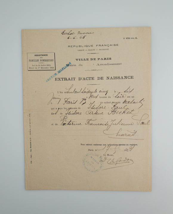 1921 Post-War Certificate of Birth Details for Parisian Serviceman