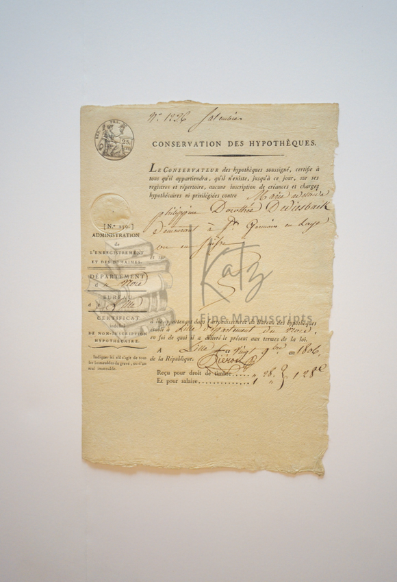 1806 Beautiful Solvency Declaration Certificate for a French Woman