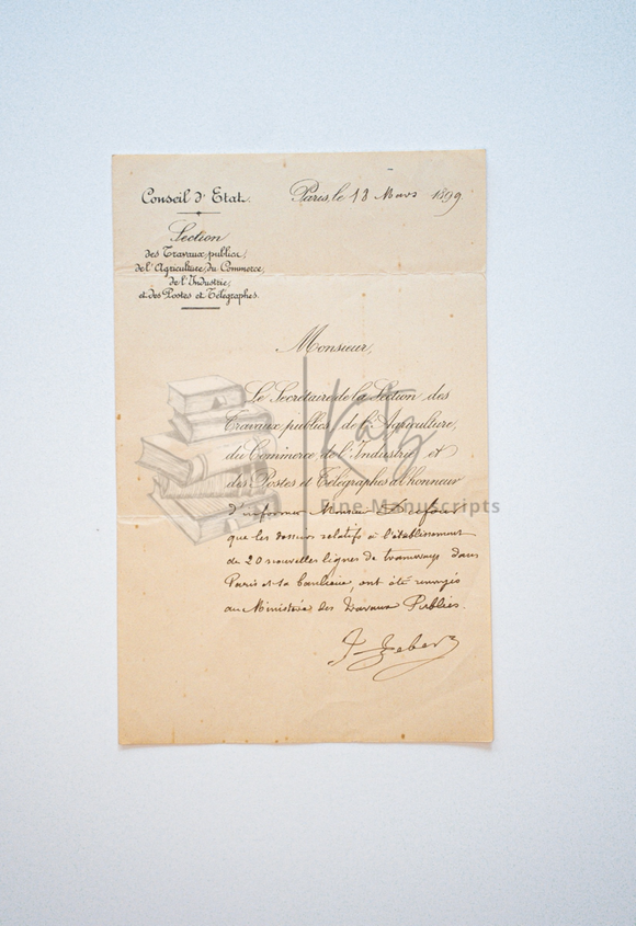 1809 French Urban Planning Letter from the Conseil d’Etat About Public Transportation