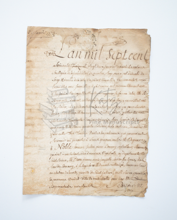 1773 Land Transfer Manuscript Connecting the Duchy of Lorges to Captain of the Scots Guard