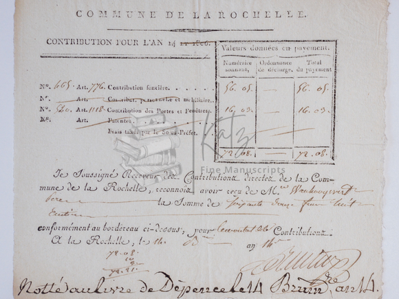 1806 Receipt For Large Tax Payment in La Rochelle, France