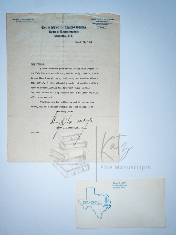1949 Letter from Louisiana US Congressman About the Fair Labor Standards Act