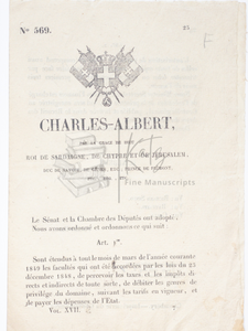 Royal Decree by King Charles Albert of Sardinia in the Months Before He Was Forced to Abdicate the Throne