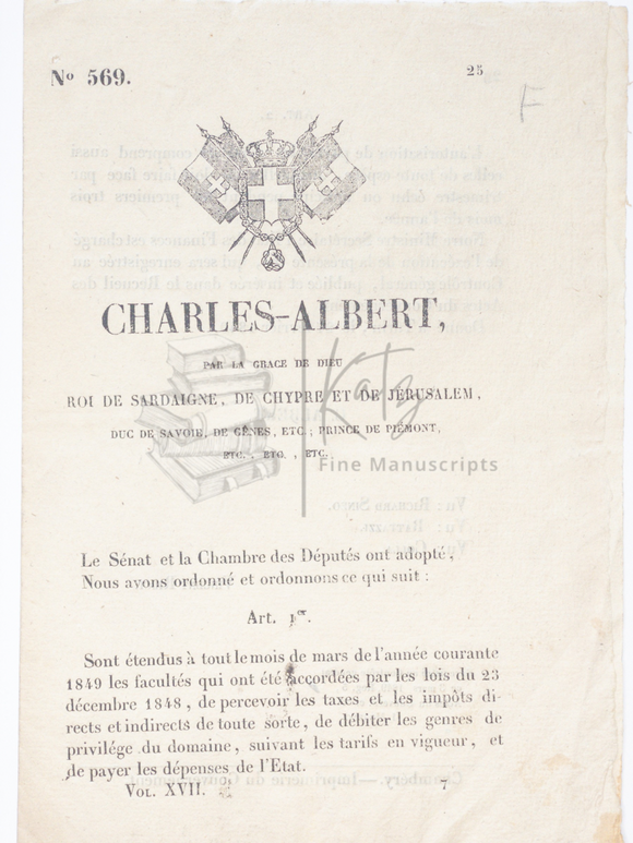 Royal Decree by King Charles Albert of Sardinia in the Months Before He Was Forced to Abdicate the Throne