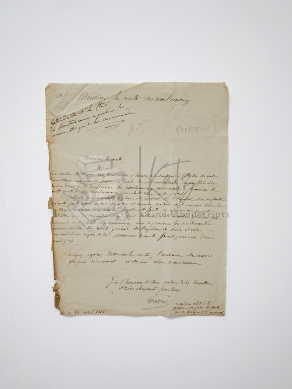 1818 Dr. Guesent’s Letter to Comte de Montmorency Requesting a Vacant Position at the Children’s Hospital