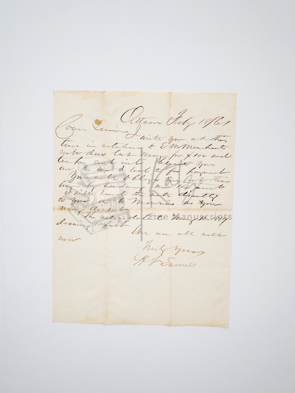 1861 H.L. Eames Letter Requesting Payment for Outstanding Loan