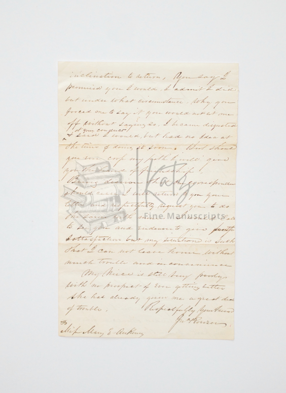 1860 Anti-Love Manuscript Letter, Rejecting the Romantic Advances of a New York Woman