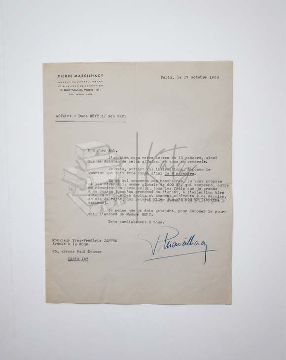 1960 Letter from French Legal Giant Pierre Marcilhacy to Parisian Lawyer and Author, Yves-Frederic Jaffre