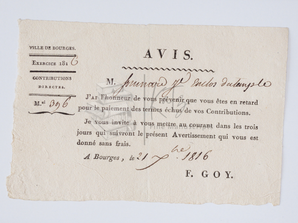 1816 Tax Arrears Warning Demonstrating Bureaucracy Following the French Revolution