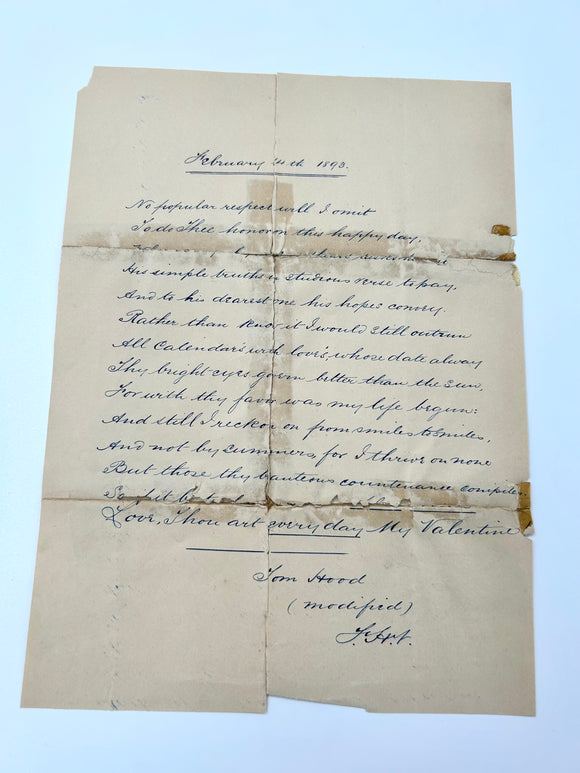1893 Handwritten Transcription of Thomas Hood’s Romantic “Sonnet For the 14th of February”